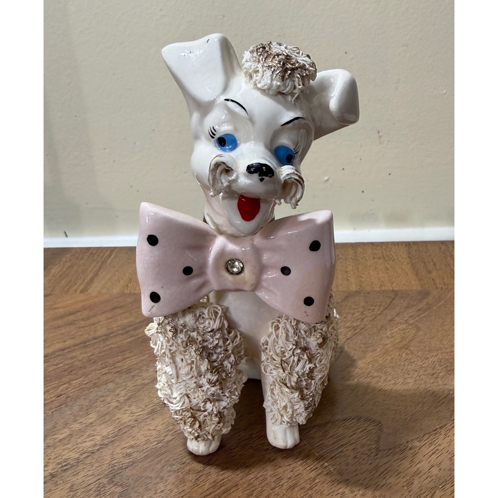 Vintage Arnart Spaghetti Poodle Figurine White Pink Bow Rhinestone Japan 6253